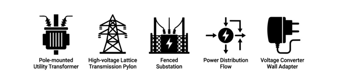 Flat vector icon set featuring electrical infrastructure: utility transformer, transmission pylon, substation, power distribution flow, and a voltage converter wall adapter plug.