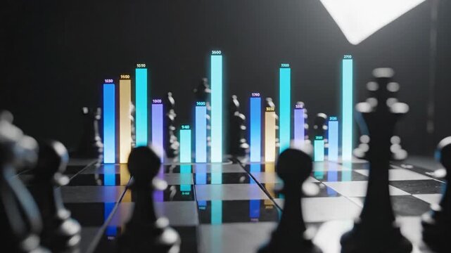 Chessboard with digital data visualization business strategy concept