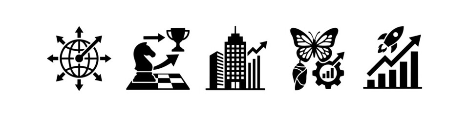 Obraz premium Set of black business concept icons representing global expansion, strategic success, corporate growth, digital transformation, and rapid market scaling. Ideal for financial and startup themes.