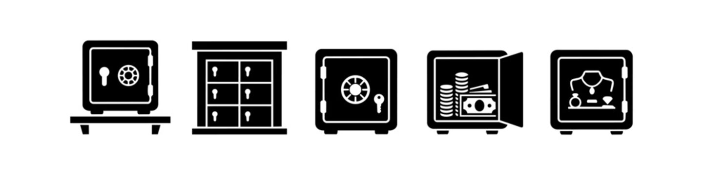 Vector set of black icons representing security safes and safe deposit boxes with money, coins, and jewelry inside. Ideal for banking, wealth, and asset protection concepts.