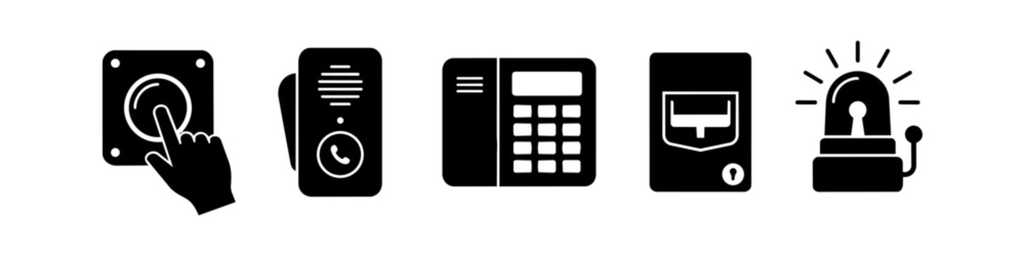 Set of emergency and communication security system icons including doorbell button, intercom, control panel, access card reader, and siren flasher. Vector black flat style on white background.