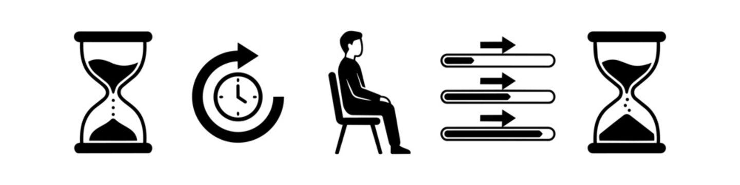 Set of minimalist black and white icons representing time, patience, and progress. Includes hourglasses, a clock with a circular arrow, a person waiting, and loading progress bars.
