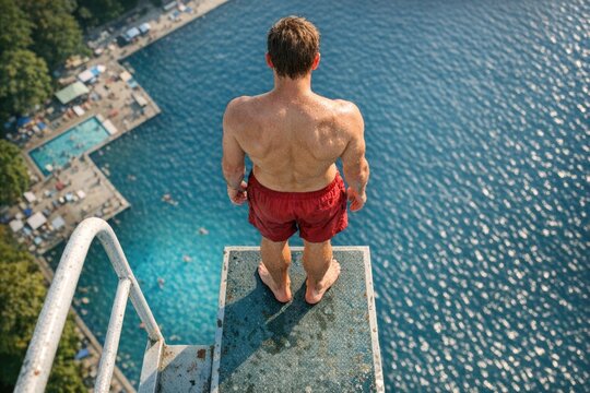 A person standing at the edge of a diving platform, ready to jump in