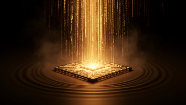 Glowing Computer Chip with Binary Code Streams