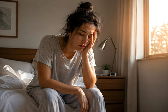 Exhausted woman sitting on the edge of her bed at sunrise, showing overwhelming fatigue and low energy. Realistic healthcare editorial concept for chronic illness, burnout, CFS and wellness awareness.
