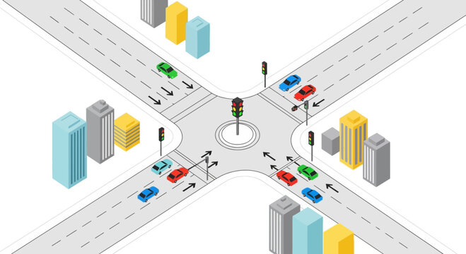 Isometric traffic intersection with cars, buildings, and traffic lights