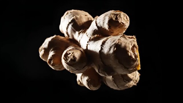 Fresh Ginger Root Isolated on Black Background Studio Shot.
