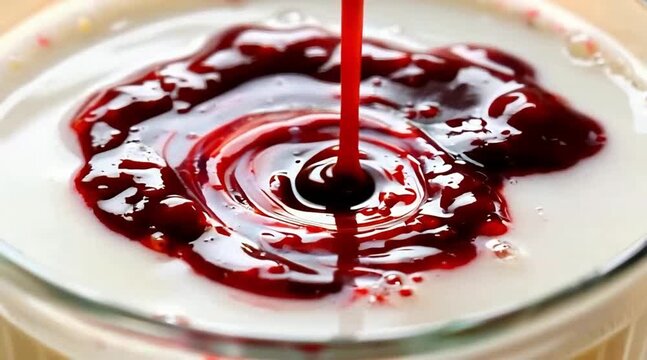 Close-up of thick, dark red syrup being poured into a white creamy substance