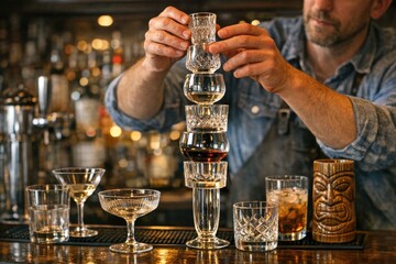 Obraz premium A person builds a tower using empty liquor glasses, creative and fun scene