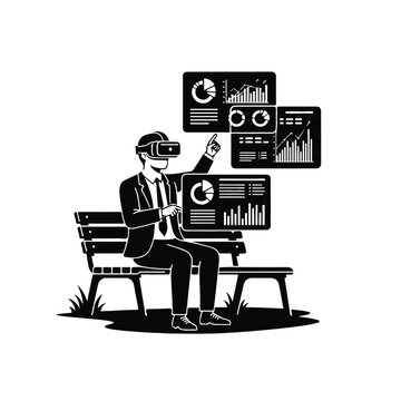 Subject: A professional sitting on a park bench wearing a spatial computing visor, interacting with three layered floating virtual screens showing complex charts and graphs. Lighting: