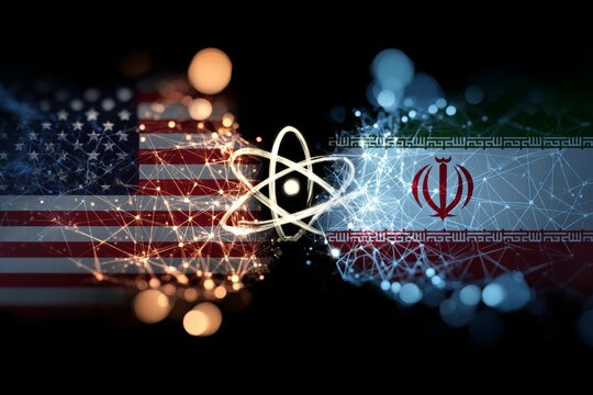 Atomic symbolism: fraught relations between countries. Ai web. Atomic symbol amid us and iran tensions: a conflict overview. Intelligent grid. Data connectivity.