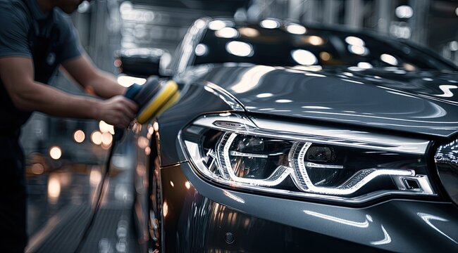 A person polishes a dark gray car's front fender with a buffer