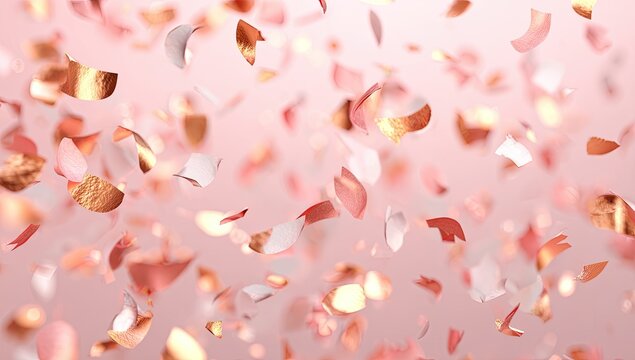 Delicate rose-gold and white petals drift gently against a soft pink background