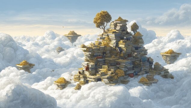 A massive stack of books forms an island in a cloudy sky