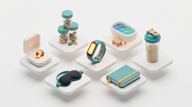 Biometric devices designed for health monitoring and biohacking are organized on sleek platforms, highlighting modern wellness practices and tools.