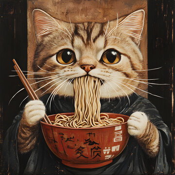 Whimsical Retro Cat Eating Ramen Noodles