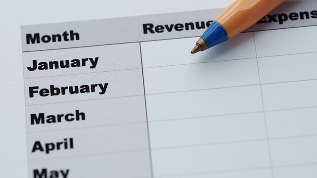 An orange ballpoint pen resting on a financial spreadsheet document with columns for month, revenue and expenses. Shallow depth of field. Close up.