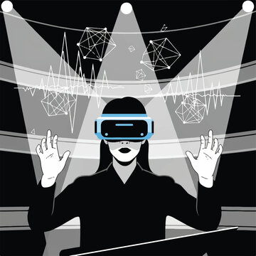 An elegant conductor wearing a high-tech spatial computing visor, hands gesturing to manipulate floating geometric sound waves in a dark theater setting, dramatic black and white lighting,