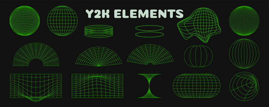 ⁠Y2K aesthetic green wireframe elements set for retro futuristic graphic design⁠