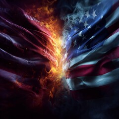 Naklejka premium Tension symbolized: divided flags in flames. Blockbuster poster. Inferno of flags: a symbolic divide. Action poster. Thriller poster.