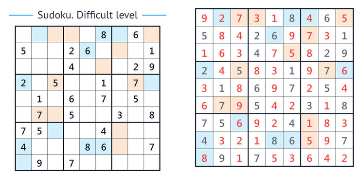 Sudoku puzzle grid with difficult level and partial solutions  