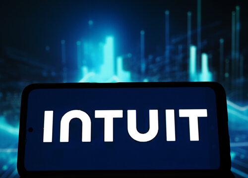 In this photo illustration,  Intuit Inc. logo seen displayed on a smartphone