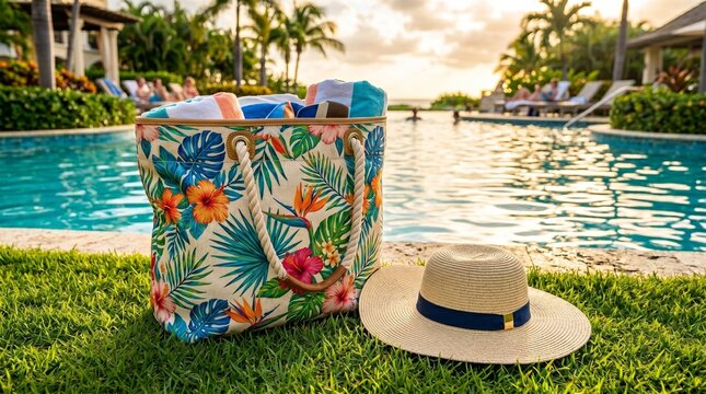 Colorful beach bag and straw hat resting on grass near luxury swimming pool at sunset