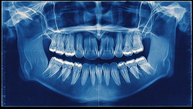Panoramic Dental X-ray Showing Human Teeth and Jawbone Structure.