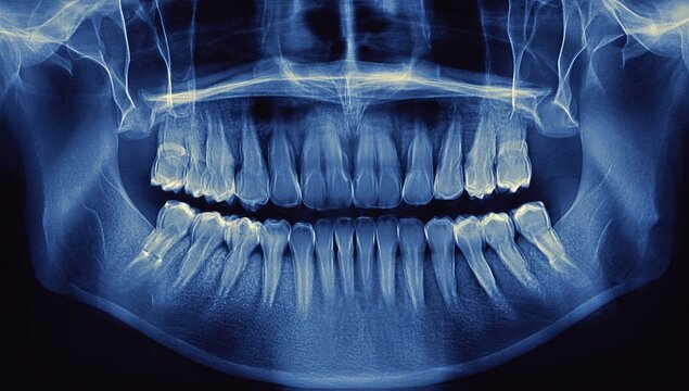 Panoramic Dental X-ray Showing Healthy Adult Teeth and Jawbone Structure.