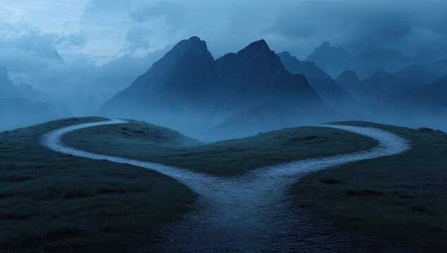 Misty mountain peaks loom over a grassy hill with diverging paths
