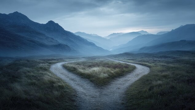 A fork in a grassy path divides, leading toward misty, mountainous terrain
