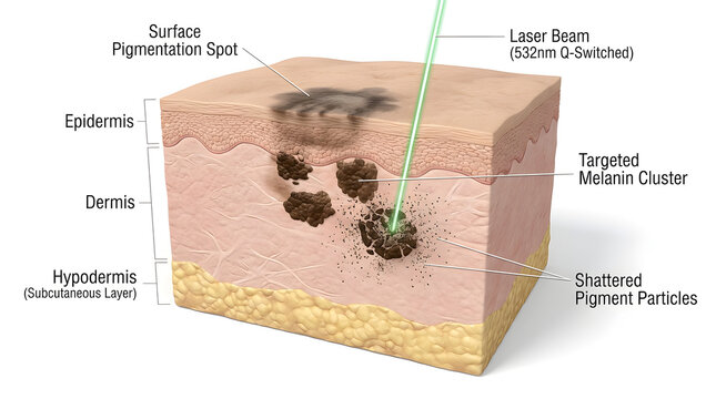Skin Cross Section with Melanin Spots and Laser Treatment