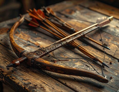 Vintage wooden crossbow and feathered arrows rest on a rustic table, highlighting traditional hunting, historical weaponry, and medieval craftsmanship