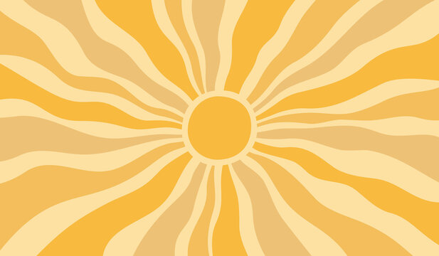 Sun ray pattern. Sun rays background. Wavy summer sunray. Yellow wave patterns. Abstract retro burst. Comic backgrounds. Groovy radial shape. Graphic bold circle. Fun starburst. Vector illustration