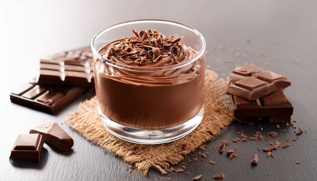 delicious chocolate mousse dessert topped with chocolate shavings in a glass