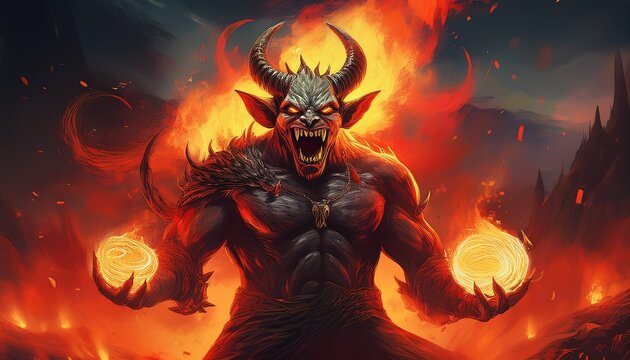 demon juggling flames horns protruding from his head sharp toothed grin in a fiery hellscape