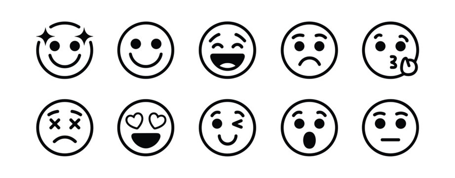 Ten black and white simple line emoji faces showing different emotions emoticon expression