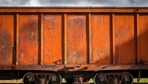 weathered orange freight train car with rust and peeling paint showcasing industrial design and texture