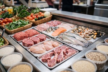 Obraz premium Fresh Meat and Seafood Display in a Professional Supermarket Butcher Shop