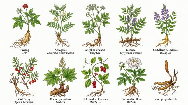 A collection of illustrations showing various medicinal plants and their roots, each labeled with its name