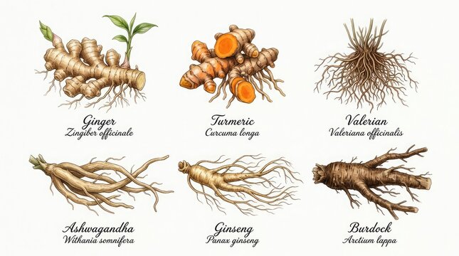 Collection of six different medicinal roots with their names written below each one, including ginger, turmeric, valerian, ashwagandha, ginseng, and burdock