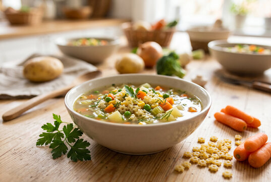 Rustic bowl of vegetable and star pasta soup with fresh ingredients