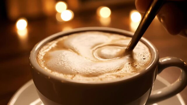 Man stirs milk foam into cup of coffee producing beautiful patterns. Warm cafe environment with soft light providing cozy atmosphere. Concept of coffee shops, cafes, beverage businesses