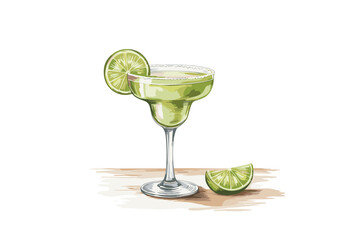 Green margarita cocktail in a stemmed glass with lime slices on a wooden surface drink beverage © MadhobiRani