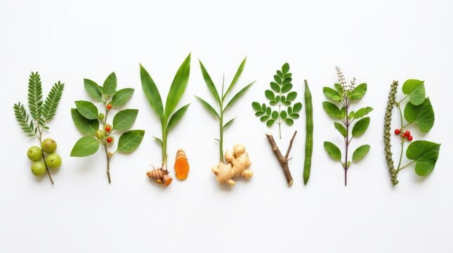 A collection of various medicinal herbs and roots neatly arranged on a white background, showcasing nature's bounty for health and wellness