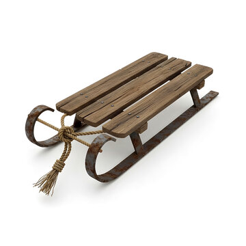Vintage Wooden Sled with Rusty Metal Runners and Tied Pulling Rope on White