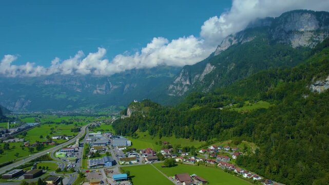 Aerial view around the city Flums in Switzerland on a sunny day in summer.