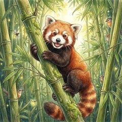 Obraz premium Red panda climbing bamboo forest in golden sunlight with playful expression