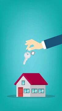 Hand holding key over the house. House buying 4k video animation