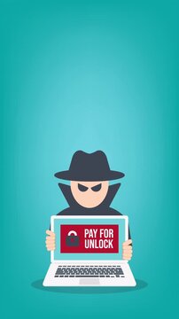 Ransomware Cyber Attack Concept &ndash; Hacker Demanding Payment to Unlock Laptop, Malware Cybercrime, Data Encryption Extortion, Cybersecurity Threat